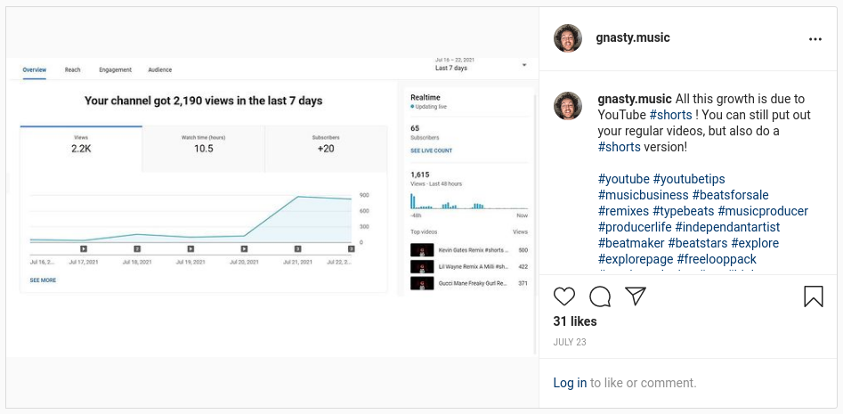 Gnasty Music on Instagram: &ldquo;All this growth is due to YouTube #shorts ! You can still put out your regular videos, but also do a #shorts version!&rdquo;