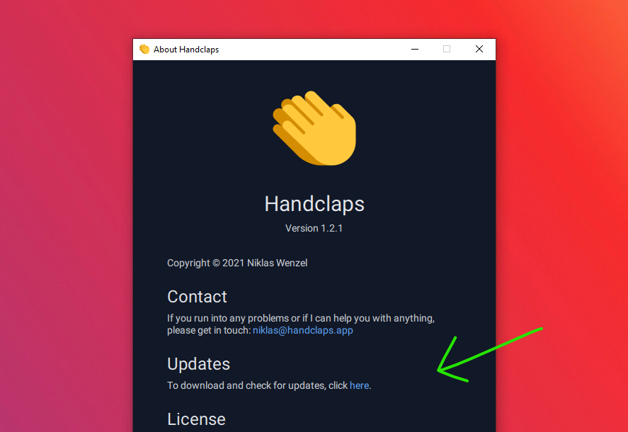 Screenshot of the Handclaps &ldquo;About&rdquo; dialog