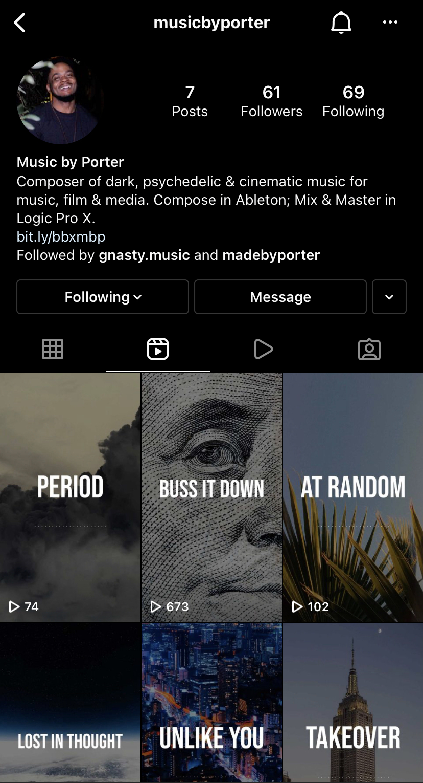 Screenshot of musicbyporter's Instagram profile
