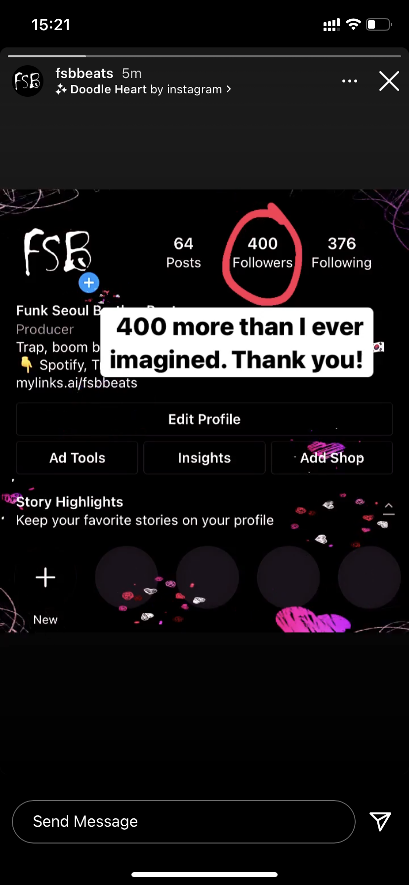Funk Seoul Brother Beats' Instagram story in which he celebrated 400 followers